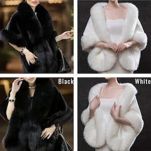 May include: Black and white faux fur shawls. The black shawl has a wide collar and sleeves. The white shawl has a similar design. The image shows the shawls on a person. The text "Black" and "White" are in the image.