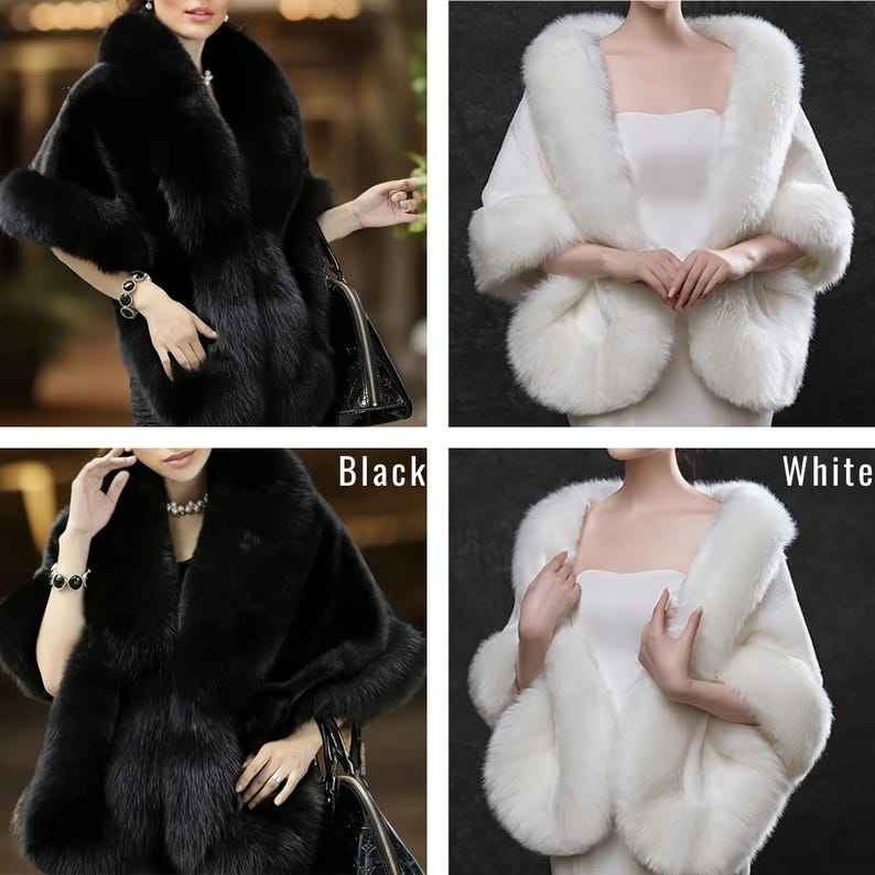 May include: Black and white faux fur shawls. The black shawl has a wide collar and sleeves. The white shawl has a similar design. The image shows the shawls on a person. The text "Black" and "White" are in the image.