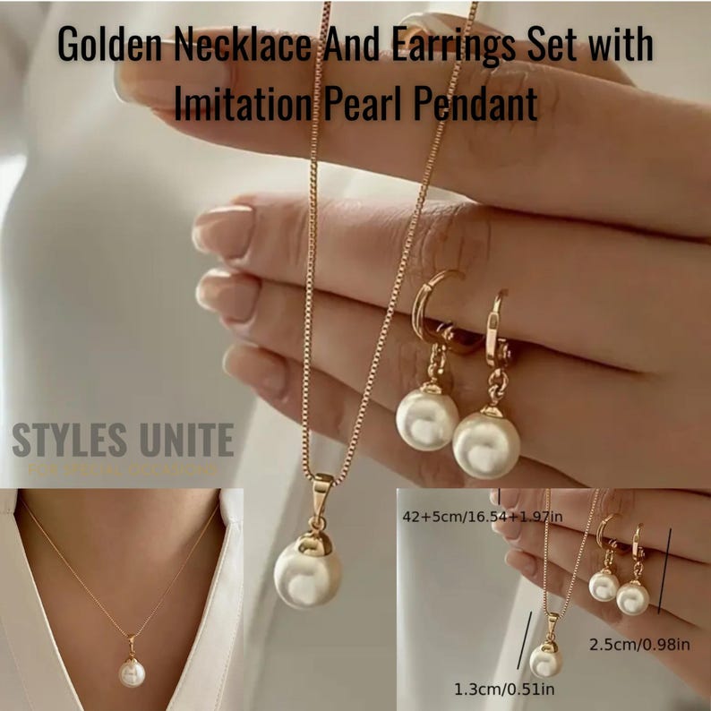 May include: A golden necklace and earring set with imitation pearl pendants. The necklace has a delicate chain with a single pearl pendant. The earrings are hoop style with a pearl drop. The set is displayed on a hand.
