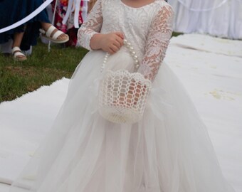 Flower Girl Basket and Dress with Open Lace Back with Jewelry Personalized Girl Bracelet and Butterfly Necklace Flower Girl Proposal Basket