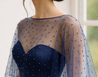 Navy Blue Bridal Shawl with Pearls Wedding Dress Topper Bridesmaid Dress Wedding Cape Wedding Dress Cape Wedding Bolero Wedding Guest Dress
