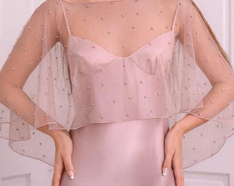 Pink Bridal Shawl with Pearls Pink Wedding Dress Wedding Dress Topper Bridesmaid Dress Wedding Cape Cape Wedding Bolero Wedding Guest Dress