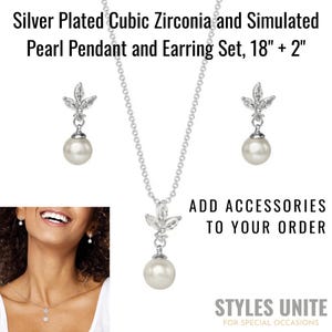 May include: Silver-plated cubic zirconia and simulated pearl pendant necklace and earring set. The necklace is 18 inches + 2 inches. The set includes a pendant with a leaf design and a pearl, plus matching earrings. The text says "ADD ACCESSORIES TO YOUR ORDER".