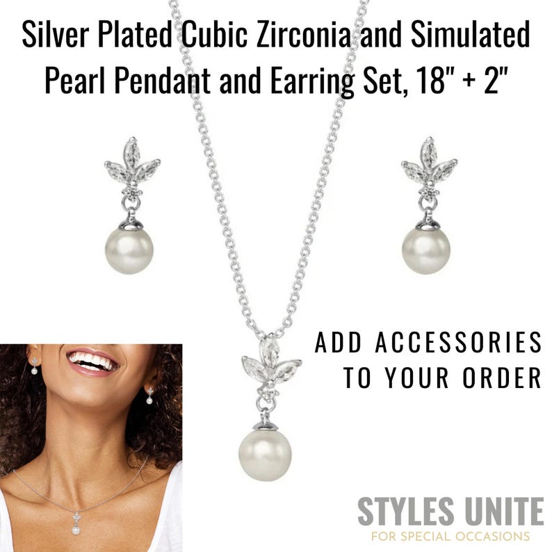 May include: Silver-plated cubic zirconia and simulated pearl pendant necklace and earring set. The necklace is 18 inches + 2 inches. The set includes a pendant with a leaf design and a pearl, plus matching earrings. The text says "ADD ACCESSORIES TO YOUR ORDER".
