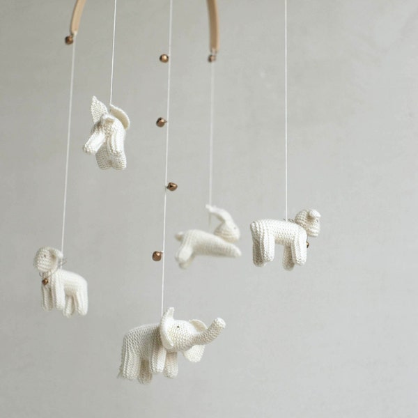 Knitted White Animals Baby Mobile, Beech Wood Nursery Decor