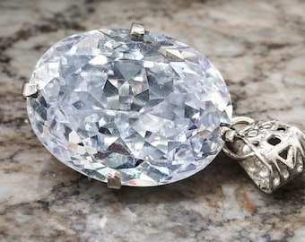 91 Ct Natural White Sapphire Oval Cut 925 Solid Silver Pendant, Fine Loose Gemstone Jewelry, Elegant Classic Statement Gift