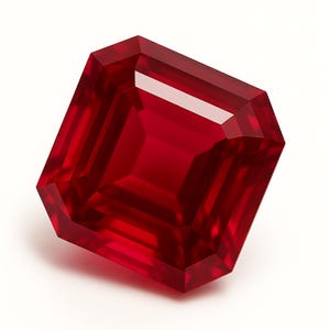 May include: A faceted, rectangular-cut ruby gemstone. The gem is a deep, saturated red color with sharp, clean edges and a high degree of clarity. The gemstone is set against a white background, highlighting its brilliance.