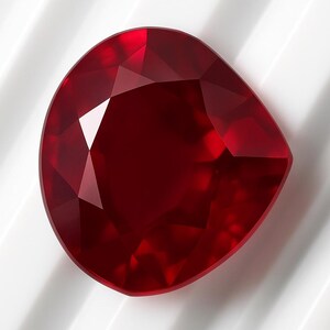 Könnte beinhalten: Ein facettierter, birnenförmiger Rubin-Edelstein. Der tiefrote Edelstein hat mehrere Facetten, die das Licht reflektieren und helle Glanzlichter erzeugen. Der Edelstein ist vor einem weißen Hintergrund mit subtilen, geschwungenen Linien platziert.