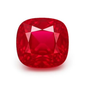 Può includere: Un rubino taglio a cuscino, che mostra una vibrante tonalità rossa. Le sfaccettature della gemma riflettono la luce, creando un'esposizione brillante. La forma è quadrata con angoli arrotondati, su sfondo bianco.