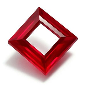Könnte beinhalten: Ein leuchtend roter Edelstein mit quadratischer Form und hohler Mitte. Der Edelstein ist facettiert, reflektiert Licht und erzeugt ein brillantes Aussehen. Der Edelstein ist vor einem weißen Hintergrund platziert.