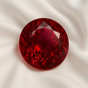 May include: A large, round, faceted ruby gemstone. The deep red gem is set against a white, silky background. The cut of the ruby creates many reflective surfaces, enhancing its brilliance.