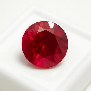Puede incluir: Una gema facetada, redonda, de color rojo intenso. La gema se encuentra sobre un fondo blanco, mostrando su talla brillante y su rico color. Las facetas de la gema reflejan la luz, creando un efecto brillante.