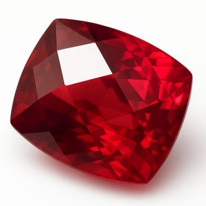 Può includere: Una gemma di rubino sfaccettata a taglio cuscino. La gemma è di un colore rosso intenso e saturo con molteplici sfaccettature che riflettono la luce. La forma è un quadrato modificato con angoli arrotondati, che mostra la brillantezza della gemma.
