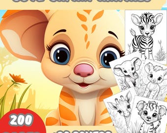 May include: A children's coloring book titled "Cute Safari Animals" featuring a cartoon lion cub with large blue eyes. The book includes 200 pages and 20 covers, with illustrations of a zebra, elephant, giraffe, and tiger cub.