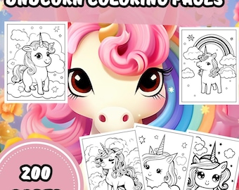 200 Kawaii Unicorn Coloring Pages: Fantasy Art Activities (Digital Download)