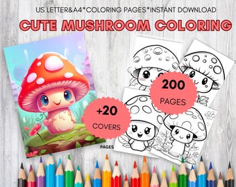 Kawaii Svamp Målarbok: 200 Chibi Skogssidor (Digital Nedladdning PDF)