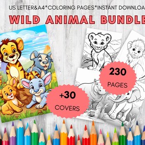 Puede incluir: Un paquete de páginas para colorear de animales salvajes. La imagen muestra dos montones de páginas para colorear con ilustraciones de animales en color y en blanco y negro. El texto "WILD ANIMAL BUNDLE" se muestra en la parte superior, con "+30 COVERS" y "230 PAGES" también visibles.