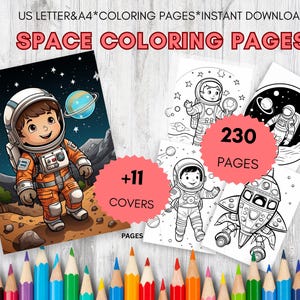 Può includere: Una raccolta di pagine da colorare a tema spaziale. La copertina presenta un astronauta dei cartoni animati in tuta spaziale arancione. Il set include 230 pagine e 11 copertine. Il testo sull'immagine recita "SPACE COLORING PAGES".