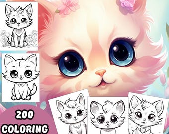 May include: A digital illustration featuring a close-up of a fluffy, light-colored cat with large blue eyes and pink accents. The image includes several black and white line drawings of cats, and the text "CUTE CATS" and "200 COLORING PAGES".