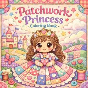 May include: A colorful illustration of a coloring book titled "Patchwork Princess." The cover features a cartoon princess wearing a patchwork dress and holding a heart. A castle, butterfly, and hearts are also visible.