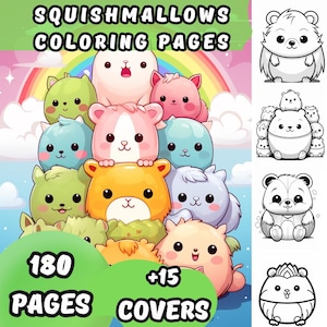 May include: A colorful illustration of Squishmallows coloring pages. The image features a stack of cute, plush-like characters in various colors, with a rainbow in the background. The text reads "180 PAGES +15 COVERS".
