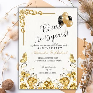 Gold Floral 10th Wedding Anniversary Invitation Editable Template Printable, Customize Wedding Card for 10th,20th,30th, 40th and 50th KDS115