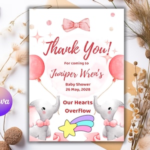 Bewerkbare strik babyshower bedankkaartsjabloon Canva, gepersonaliseerde geboortekaartje bedankje, pasgeboren bedankje, instant KDS102