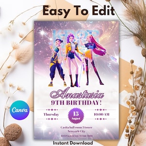 Editable Huntrix Kpop Demon Hunter Birthday Invitation, Kpop Birthday Invite,Demon Hunters Party Invite ,kpop Invitations 5&quot;X7&quot; KDS213