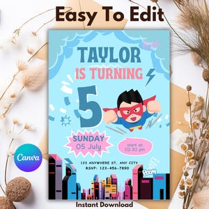Editable Superhero Birthday Invitation, Superhero Party Invite, Super Hero Invite with Name, Superhero Birthday Card Template, 5X7 KDS164