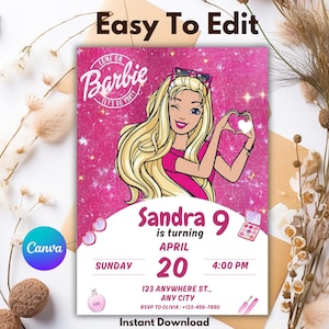 Editable Barbie Birthday Template Card,  Barbie Birthday Invitation, Barbie Invitation Template, Barbie Birthday Party Invitation,5X7 KDS189