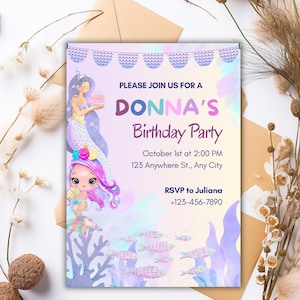 Mermaid Birthday Invitation Template Editable Canva - Under The Sea Party Invite - Princess Invite Card, Mermaid Theme Birthday Party KDS119