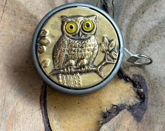 Vintage Owl Measuring Tape | Gold Tone Raised Relief Owl with Yellow Glass Eyes | Sewing Notions Collectible | Novelty Tape Measure