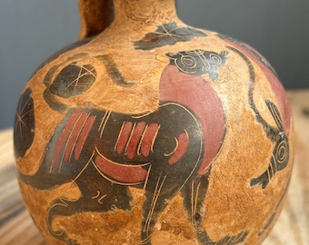 Aryballos‑Style Vase – Hand‑Formed Clay – Ancient Greek Corinthian Inspired – Painted Geometric Pottery – 4.5"