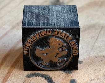 Vintage Iowa State University Letterpress Printing Block • Cy the Cardinal Mascot • Wood & Metal Stamp • ISU Memorabilia