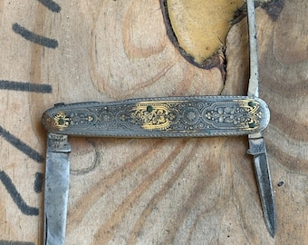 Vintage J.A. Henckels Solingen Multi-Tool Pocketknife | Zwilling Twin Mark | Pre-1960s | Ornate Gold Engraved Handle | Collectible EDC