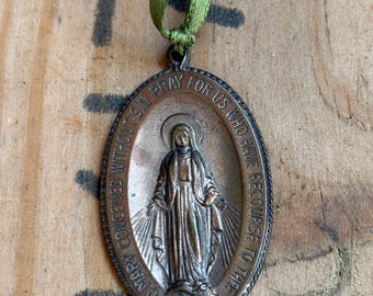 Vintage Bronze Miraculous Medal • Virgin Mary Catholic Charm • 1960s Religious Pendant