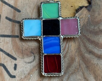 Handmade Stained Glass Cross | Multi‑Color Hanging Suncatcher | Wire Art Detail | Christian Home Decor | Gift for Prayer Room or Window