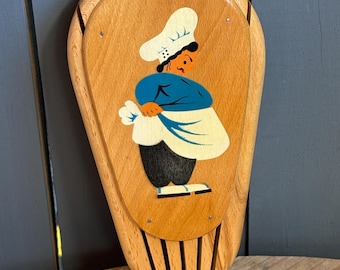 Vintage Wooden Knife Block with Painted Chef Graphic