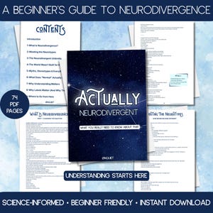 Puede incluir: Una guía digital titulada A Beginner's Guide to Neurodivergence, que contiene 74 páginas PDF. La portada muestra un cielo estrellado azul oscuro con el texto Actually Neurodivergent: What You Really Need to Know About That. Incluye páginas interiores.