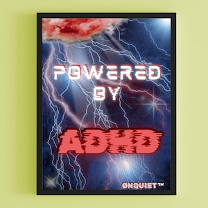 Powered by ADHD Poster | ADHD Wall Art Printable | Neurodivergent Decor | Lightning Glitch Digital Download | A4 A3 | Therapy Office