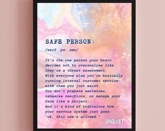 Póster con la definición de Persona Segura / Descarga digital en tonos pastel / Decoración de pared para Persona de Confort