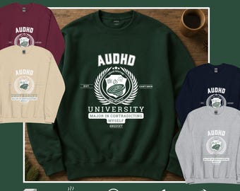 Sudadera universitaria AuDHD, sudadera de cuello redondo neurodivergente, sudadera de autismo y TDAH, camiseta divertida AuDHD, suéter estilo universitario