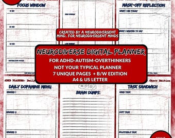 Op de afbeelding: Een digitale planner met zeven unieke pagina's, waaronder een focusvenster, een energietracker en een taak sandwich. De planner is ontworpen voor ADHD, autisme en overdenkers, beschikbaar in A4 en US letter. De tekst luidt "Neurodiverse Digital Planner."