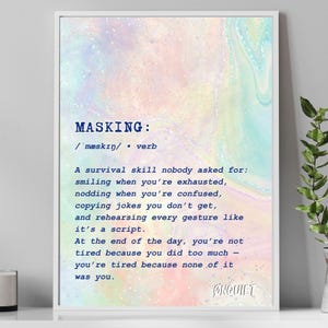 May include: A framed art print with the definition of "MASKING" in blue text against a pastel, marbled background. The definition describes a survival skill of pretending to be okay. The print is in a white frame.