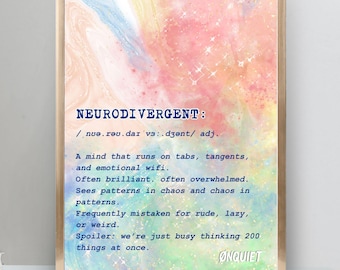 Póster con definición de neurodivergencia. Arte mural neurodivergente. Impresión en tonos pastel sobre salud mental. Decoración para TDAH y autismo.