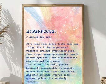 Póster con definición de hiperenfoque, arte mural neurodivergente, TDAH, autismo, orgullo, decoración divertida