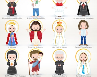 May include: A collection of twelve cartoon illustrations of religious figures, each with a halo. The figures include Blessed Alvaro del Portillo, St. Jose Sanchez del Rio, Pope Pius V, St. Jean-Baptiste de La Salle, St. Adelaide, Christ the Redeemer, and others.
