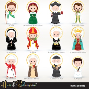 Puede incluir: Una colección de doce ilustraciones de dibujos animados de santos, cada uno con un halo. Los santos están representados con diversas vestimentas religiosas y sosteniendo objetos simbólicos. La imagen incluye el texto "Hues of Redemption".