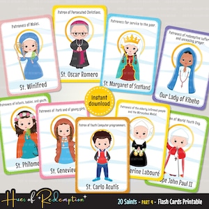 Peut inclure: Un ensemble de cartes flash colorées représentant divers saints. Chaque carte présente le nom et le titre d'un saint, comme "St. Oscar Romero" et "Patron des chrétiens persécutés". Les cartes sont étiquetées "20 Saints - PART 4 - Flash Cards Printable".