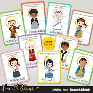 May include: A collection of colorful flash cards featuring illustrations of various saints. Each card includes the saint's name and the patronages they represent, such as St. Francis of Assisi, St. Joan of Arc, and Mother Teresa. The cards are labeled "20 Saints - PART 1 - Flash Cards Printable."